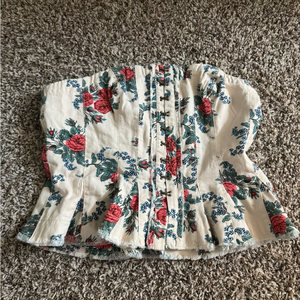 Free People Cream Floral Corset Tank Top with Red and Green Print